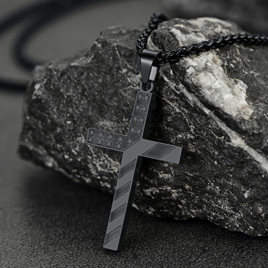 Patriotic American Flag Cross Pendant Necklace for