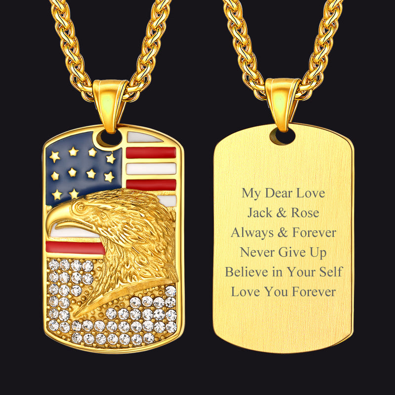 Engraved American Flag Eagle Dog Tag Necklace for