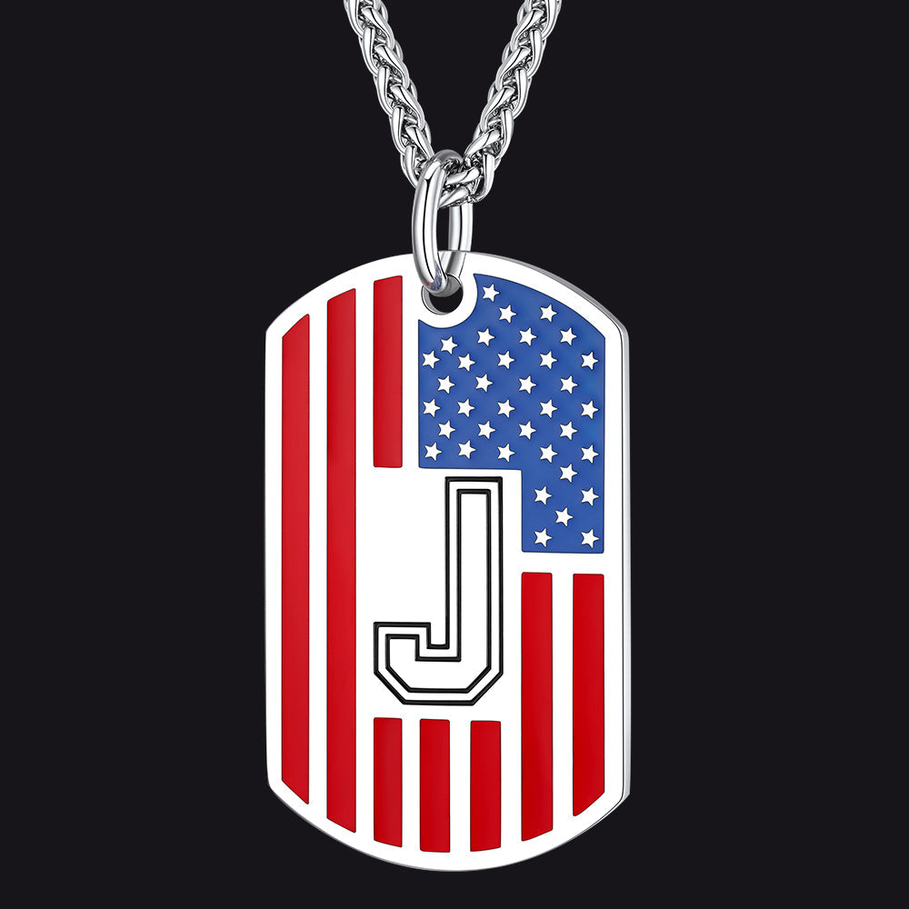 Patriotic American Flag Letter Initial Dog Tag Necklace 4th of July Pendant for