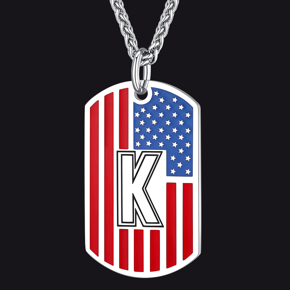 Patriotic American Flag Letter Initial Dog Tag Necklace 4th of July Pendant for