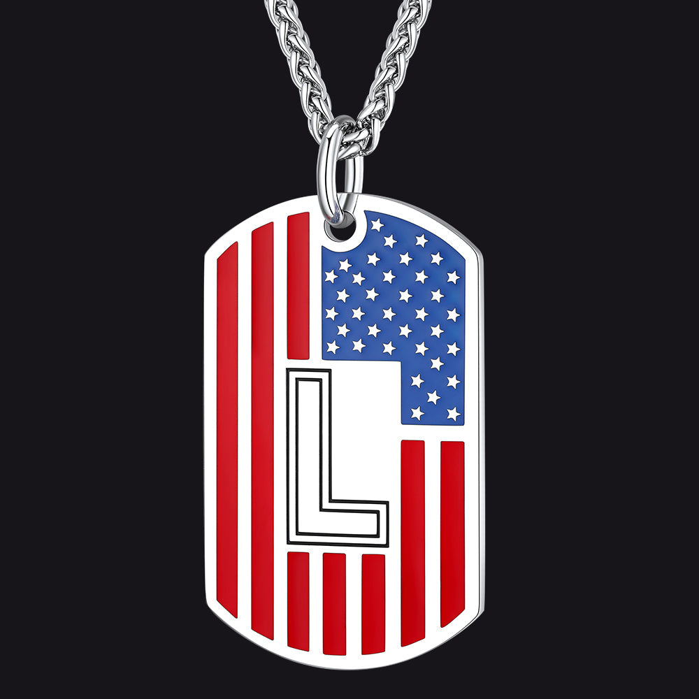 Patriotic American Flag Letter Initial Dog Tag Necklace 4th of July Pendant for