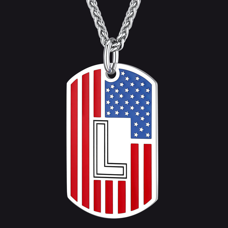 Patriotic American Flag Letter Initial Dog Tag Necklace 4th of July Pendant for