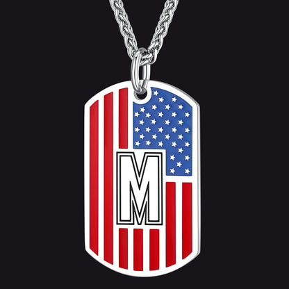 Patriotic American Flag Letter Initial Dog Tag Necklace 4th of July Pendant for