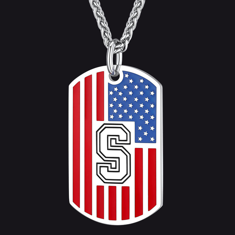 Patriotic American Flag Letter Initial Dog Tag Necklace 4th of July Pendant for