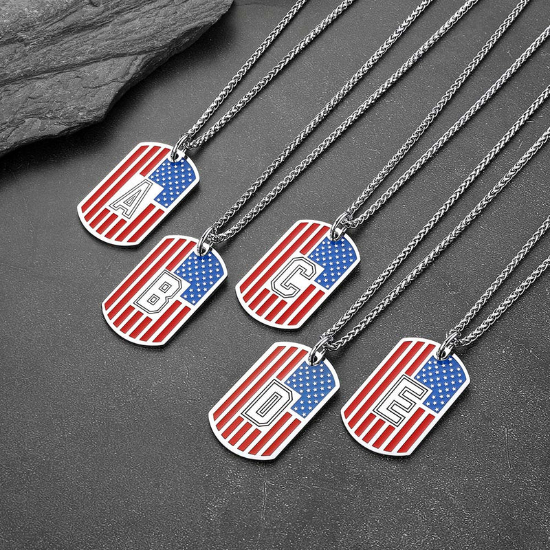 Patriotic American Flag Letter Initial Dog Tag Necklace 4th of July Pendant for