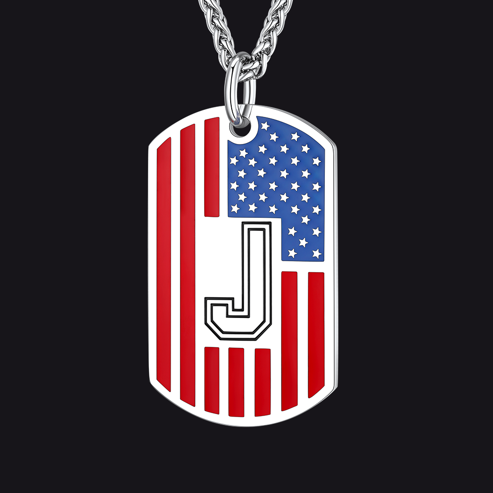 Patriotic American Flag Letter Initial Dog Tag Necklace 4th of July Pendant for