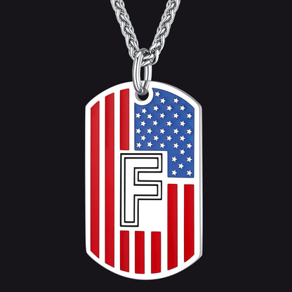 Patriotic American Flag Letter Initial Dog Tag Necklace 4th of July Pendant for