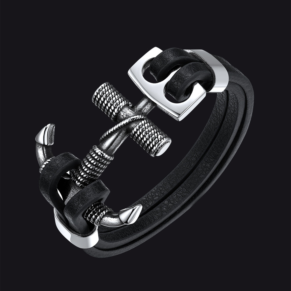 Viking Stainless Steel Anchor Black Leather Bracelet for