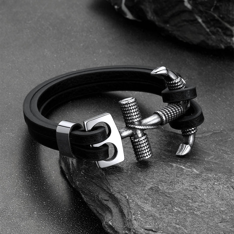 Viking Stainless Steel Anchor Black Leather Bracelet for