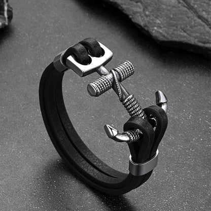 Viking Stainless Steel Anchor Black Leather Bracelet for