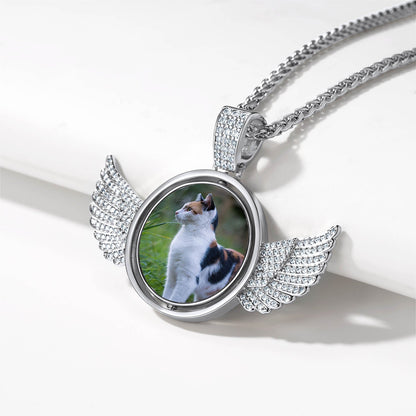 Custom Double-sided Picture Photo Circle Chain Necklace With Angel Wings for