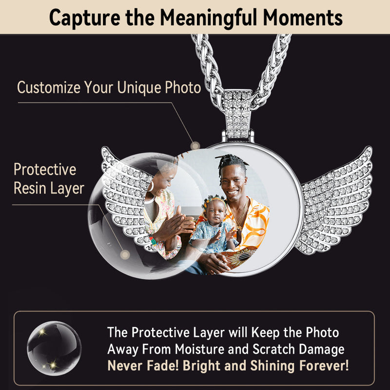 Customized Picture Circle Chain Necklace With Angel Wing Memorial Gift for