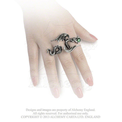 Starchaser Two Finger Green Crystal Dragon Ring by Alchemy Gothic - Size 6/7