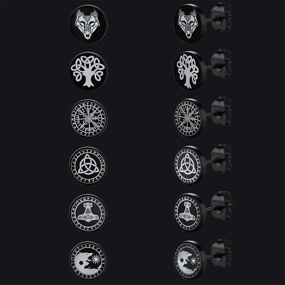 Viking Black Stud Earrings Set for 6 Pairs