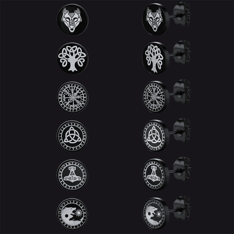 Viking Black Stud Earrings Set for 6 Pairs