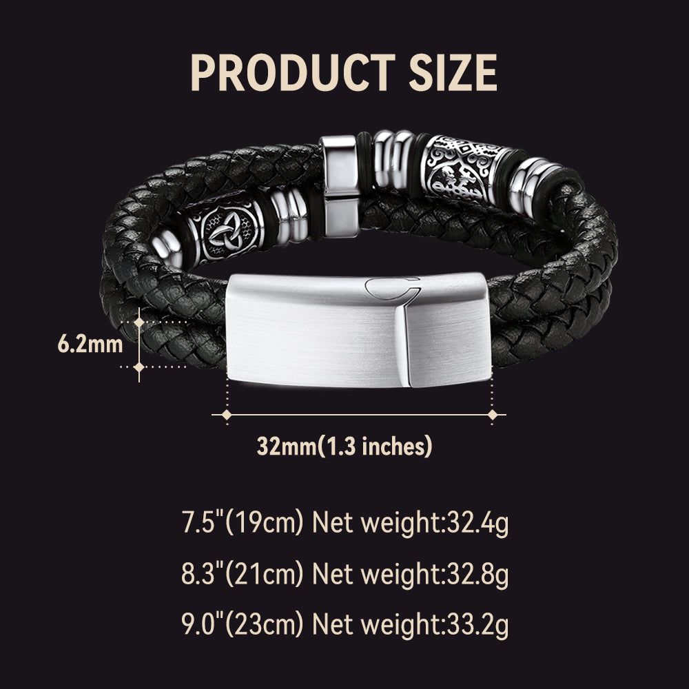 Viking Black Engraved Leather Braided Wristband Bracelet for