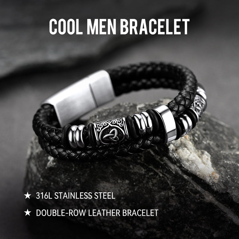 Viking Black Engraved Leather Braided Wristband Bracelet for