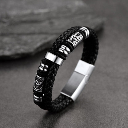 Viking Black Engraved Leather Braided Wristband Bracelet for