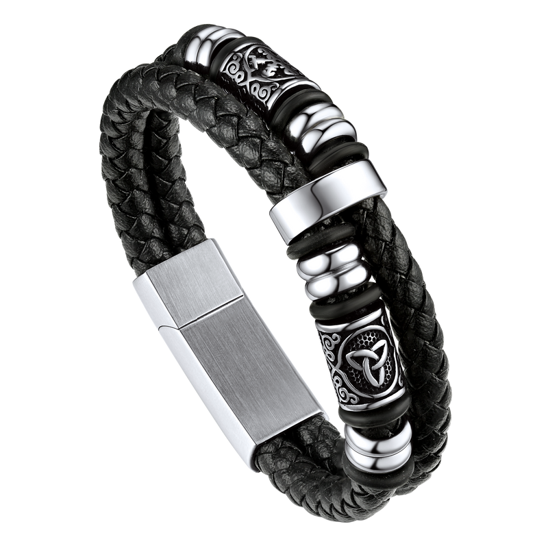 Viking Black Engraved Leather Braided Wristband Bracelet for