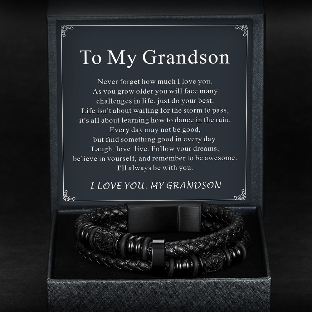Engraved Viking Leather Braided Wristband Bracelet Gift for My Grandson