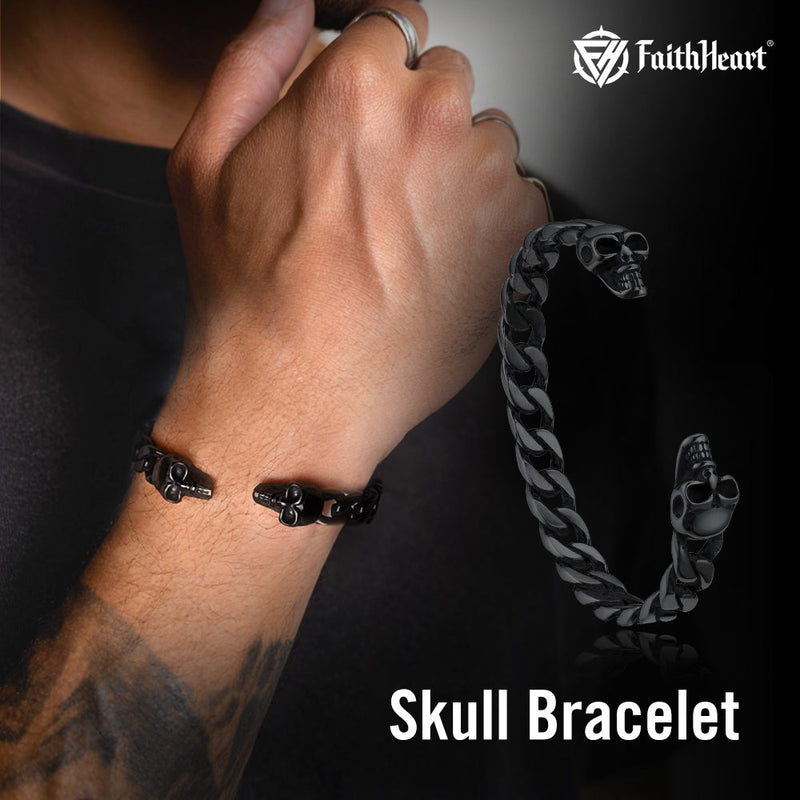 Hallween Gothic Skull Skeleton Head Cuban Chain Bracelet Cuff for