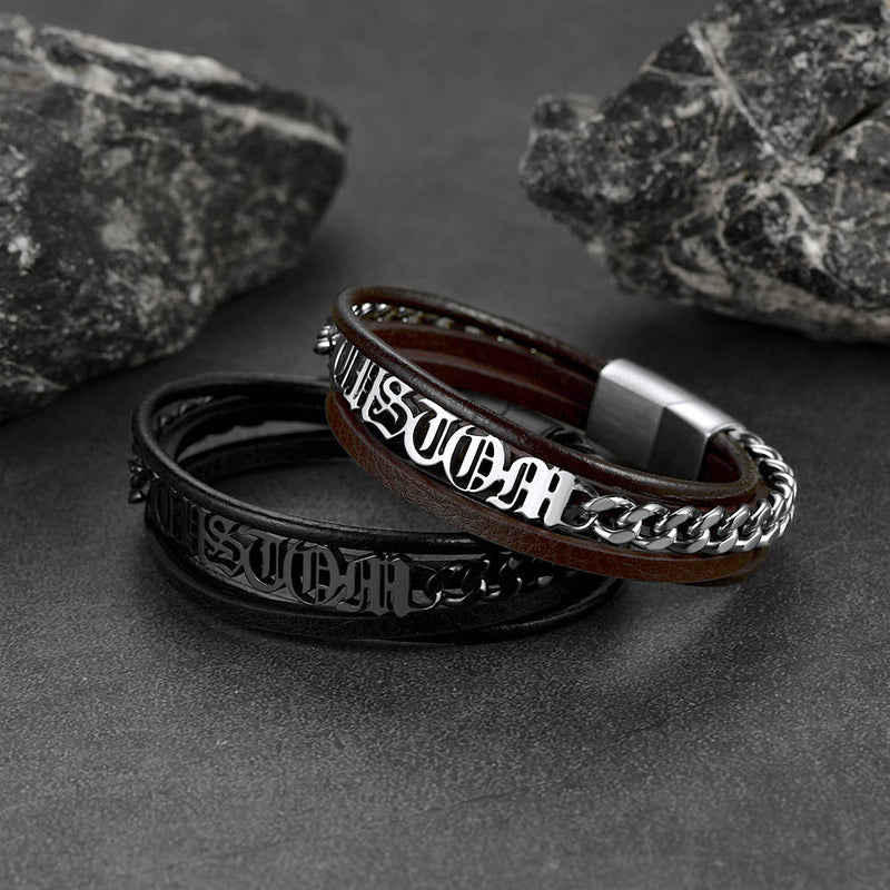 Customized Names Layer Braided Leather Bracelet for Father