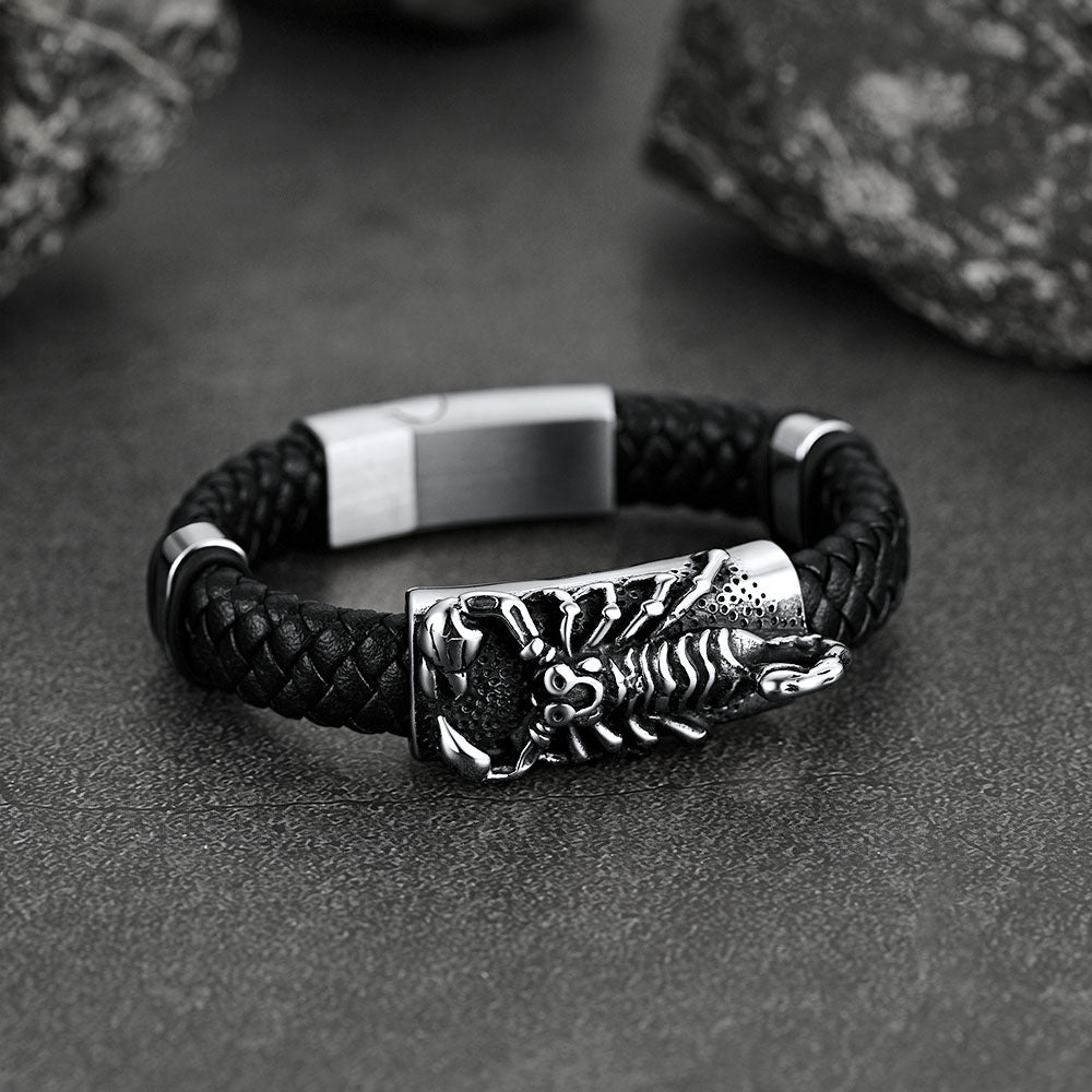 Punk Scorpion Black Braided Leather Bracelet Bangle Gift for Son Grandson