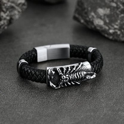 Punk Scorpion Black Braided Leather Bracelet Bangle Gift for Son Grandson