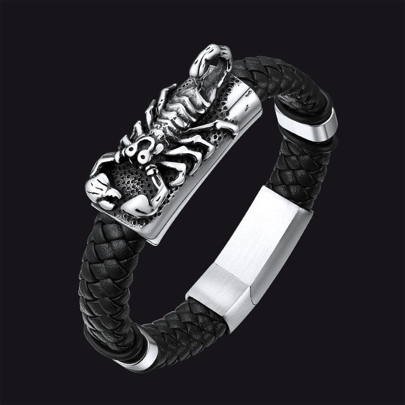 Punk Scorpion Black Braided Leather Bracelet Bangle Gift for Son Grandson