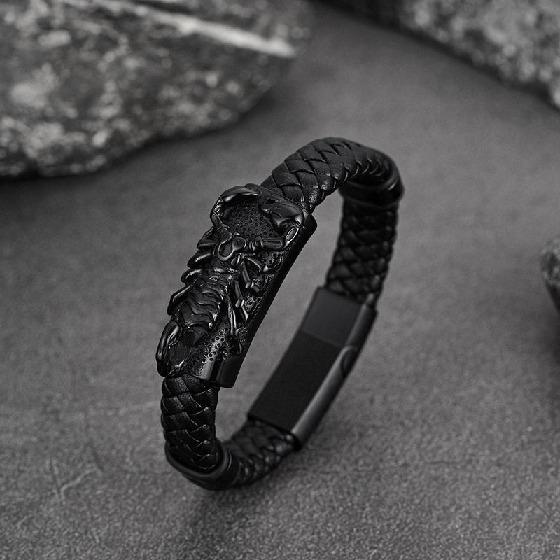 Punk Scorpion Black Braided Leather Bracelet Bangle Gift for Son Grandson