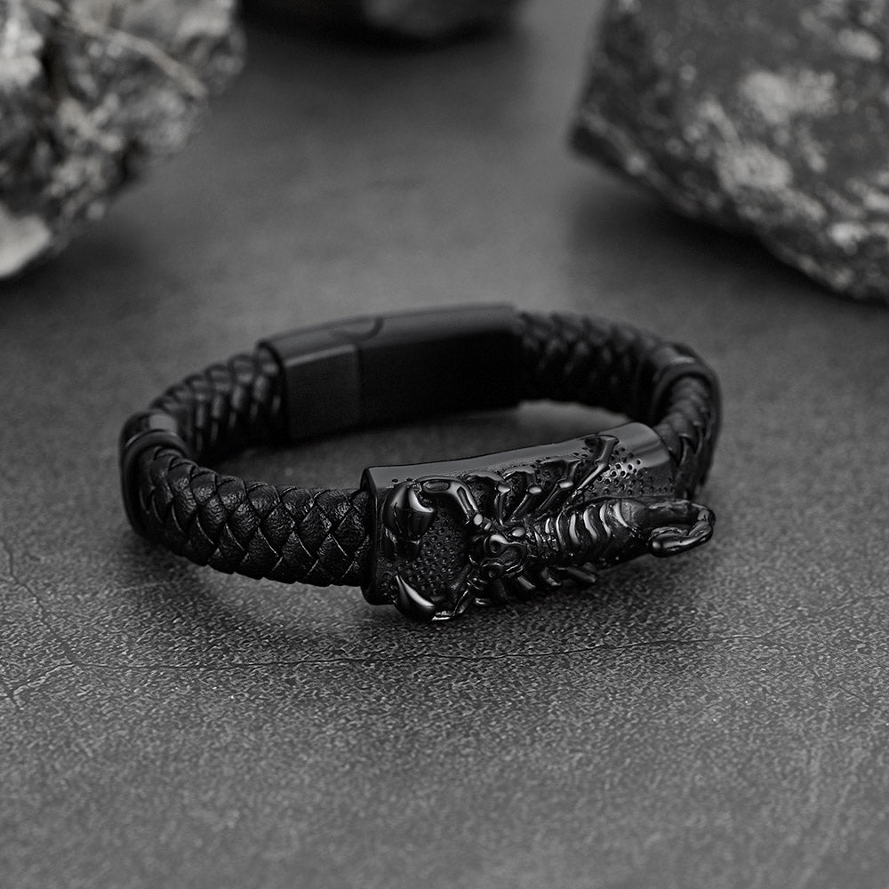 Punk Scorpion Black Braided Leather Bracelet Bangle Gift for Son Grandson