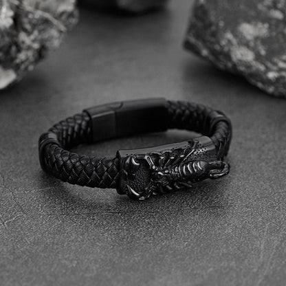 Punk Scorpion Black Braided Leather Bracelet Bangle Gift for Son Grandson
