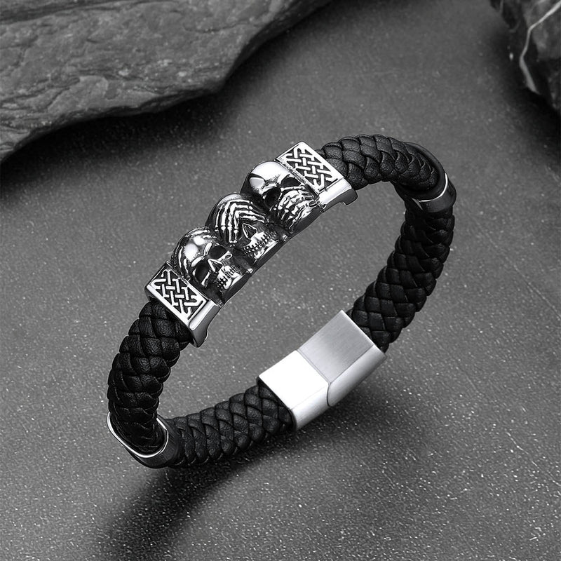 Gothic 3 Skull Braided Leather Bracelet Gift for Father Son Grandson