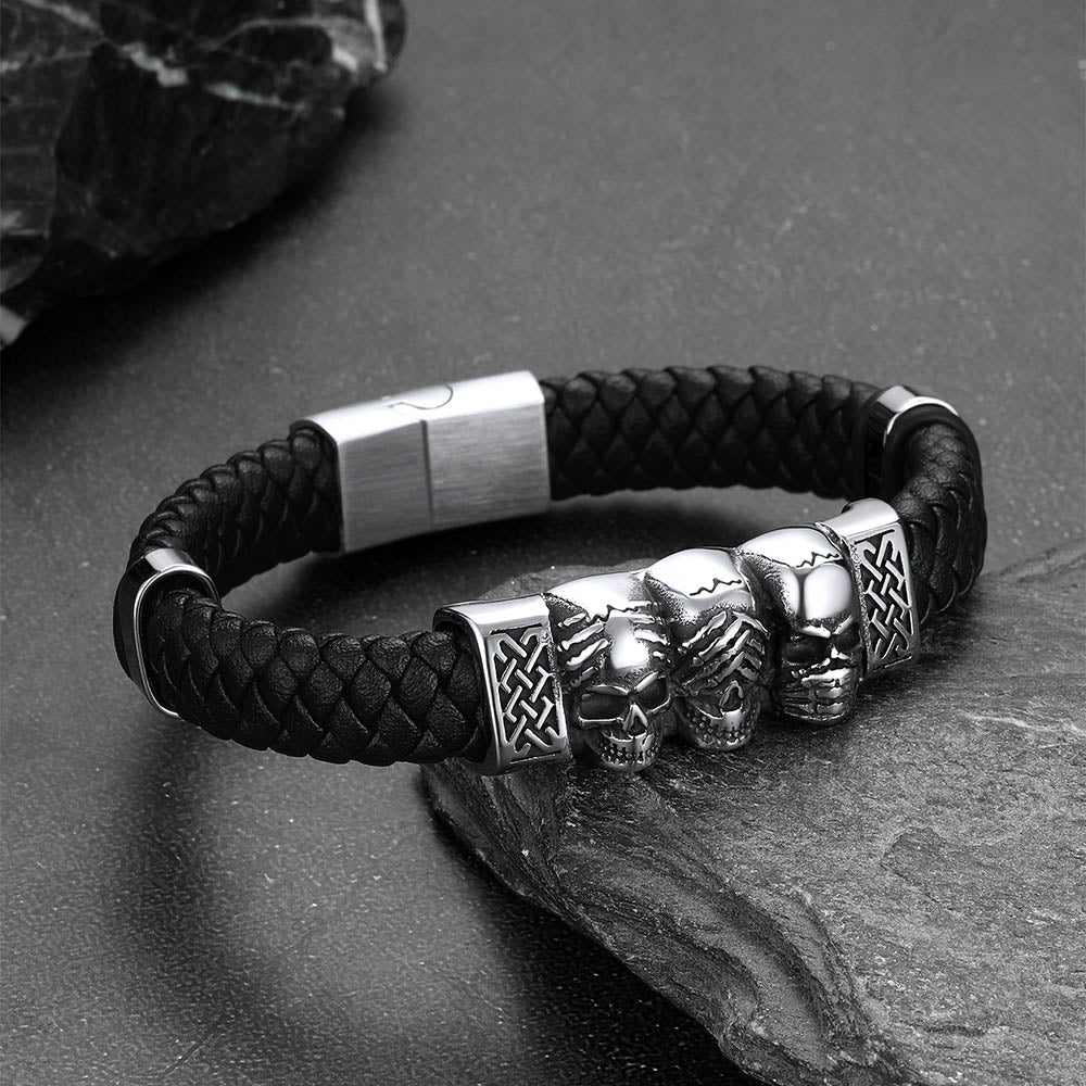Gothic 3 Skull Braided Leather Bracelet Gift for Father Son Grandson