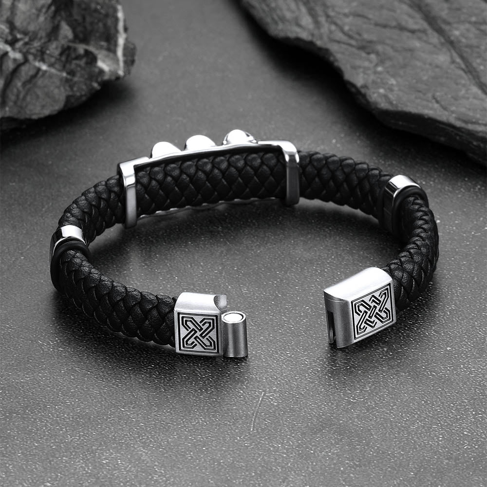 Gothic 3 Skull Braided Leather Bracelet Gift for Father Son Grandson