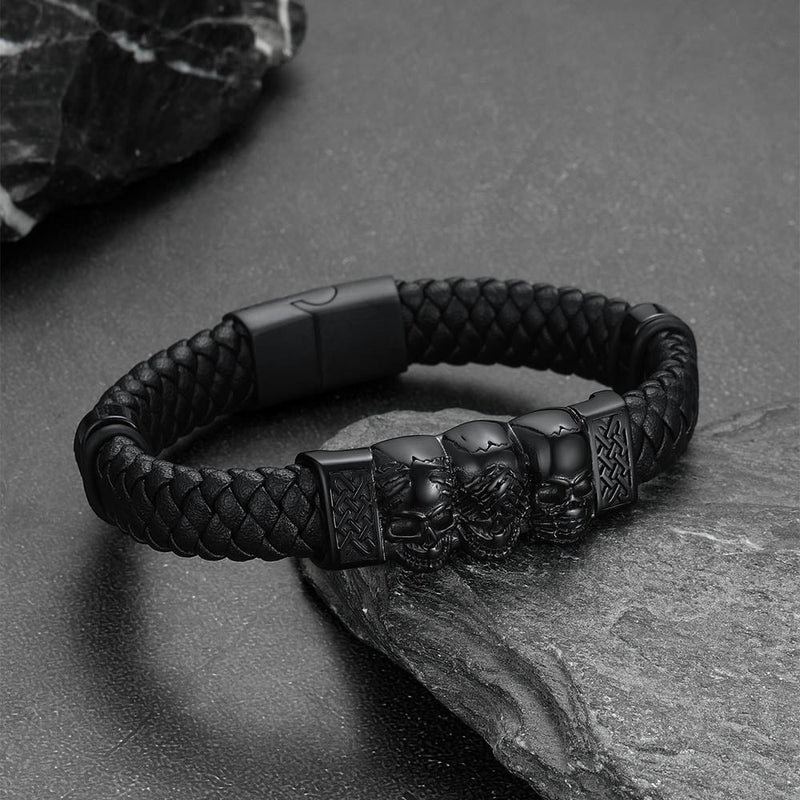 Gothic 3 Skull Braided Leather Bracelet Gift for Father Son Grandson