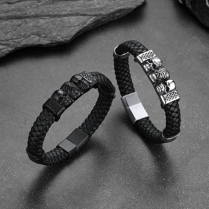 Gothic 3 Skull Braided Leather Bracelet Gift for Father Son Grandson