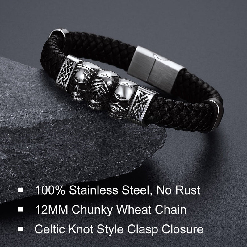 Gothic 3 Skull Braided Leather Bracelet Gift for Father Son Grandson