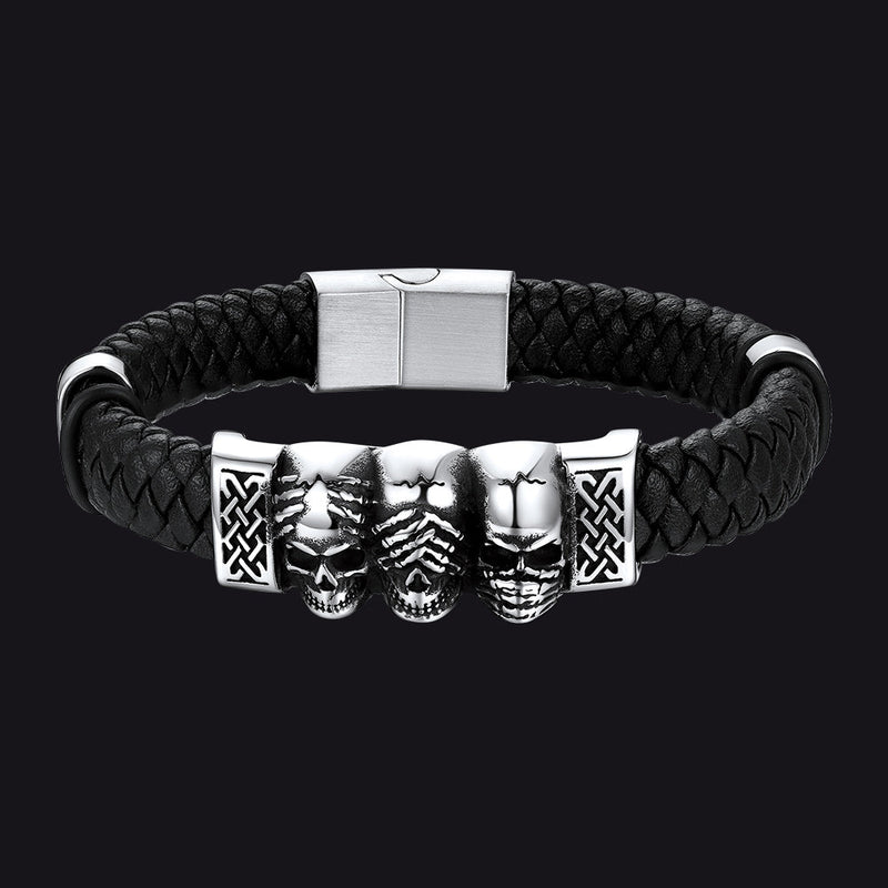 Gothic 3 Skull Braided Leather Bracelet Gift for Father Son Grandson