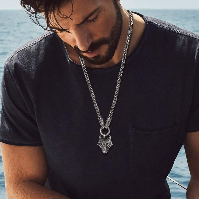 Viking Wolf Pendant Necklace With Wolf Rope Chain for