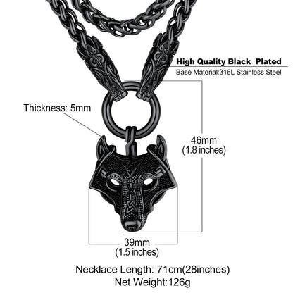 Viking Wolf Pendant Necklace With Wolf Rope Chain for