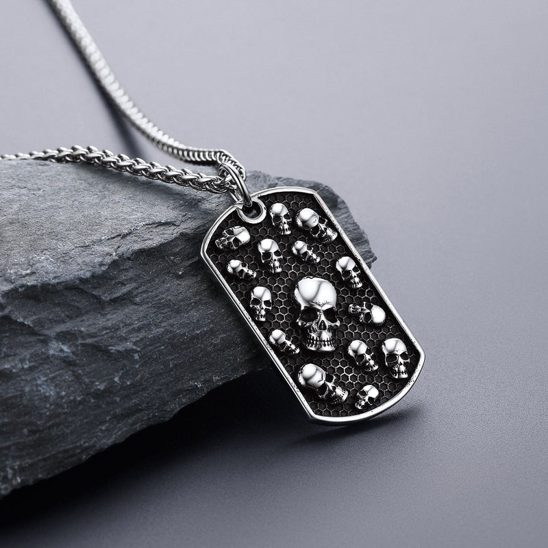 Engraved Multi Skull Dog Tag Necklace for