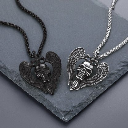 Gothic Sword Wings Skull Pendant Necklace for