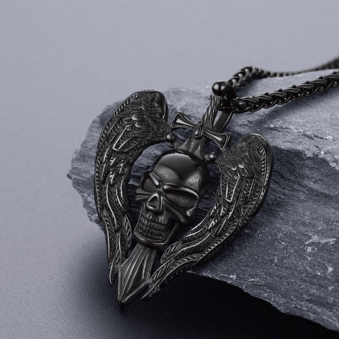 Gothic Sword Wings Skull Pendant Necklace for