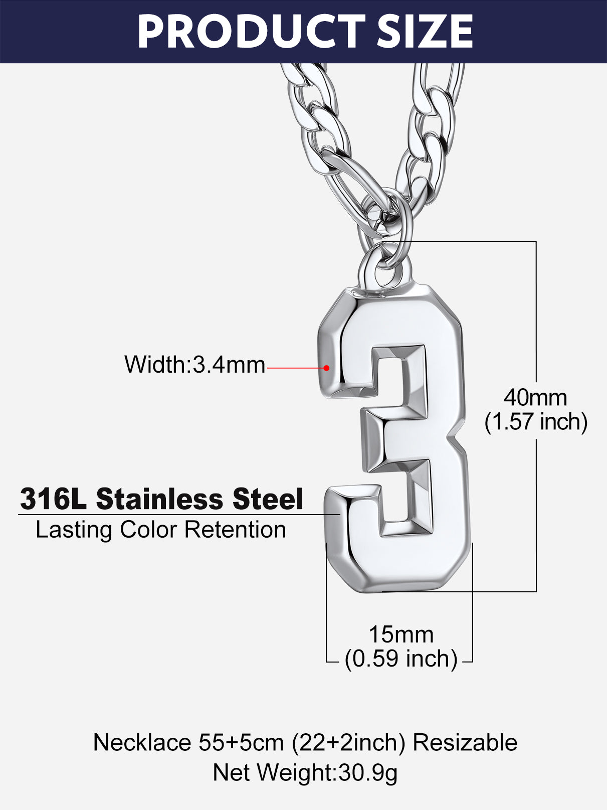 Sports Jersey Number Pendant Necklace With Figaro Chain for