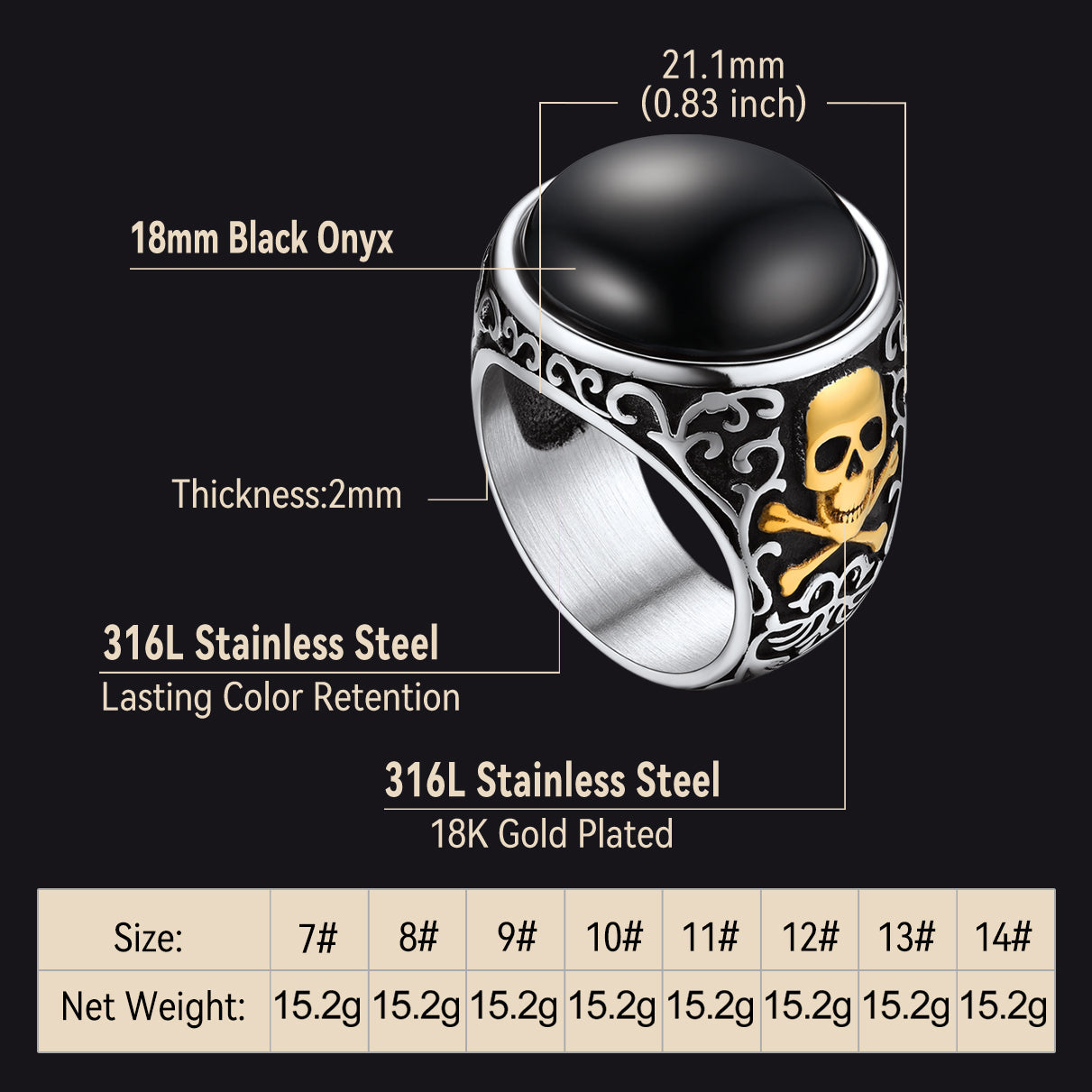 Gothic Black Onyx Signet Ring With Skull for