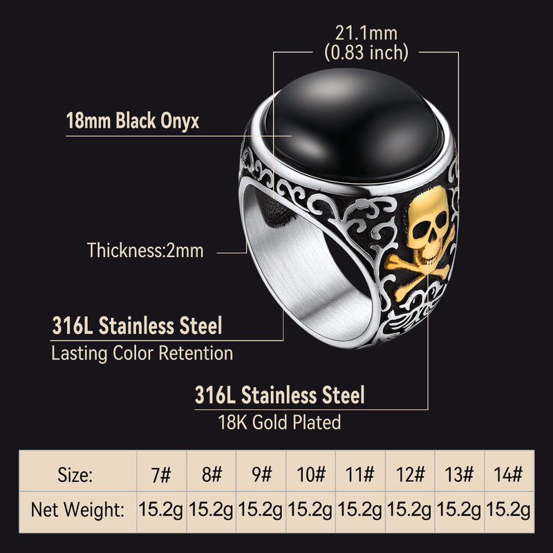 Gothic Black Onyx Signet Ring With Skull for