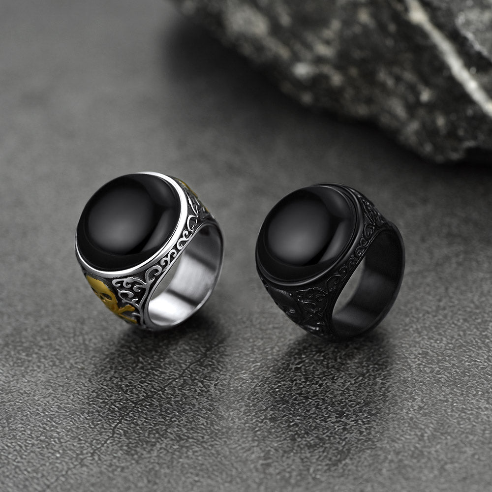 Gothic Black Onyx Signet Ring With Skull for