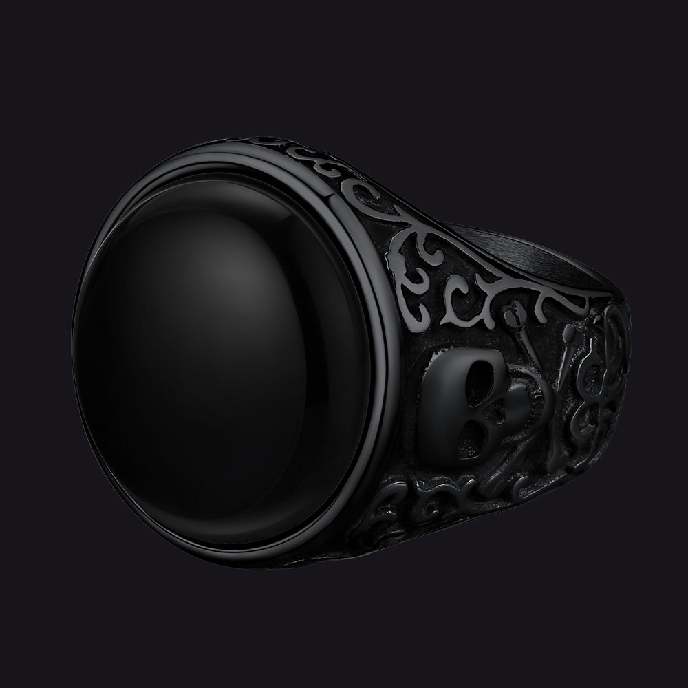 Gothic Black Onyx Signet Ring With Skull for