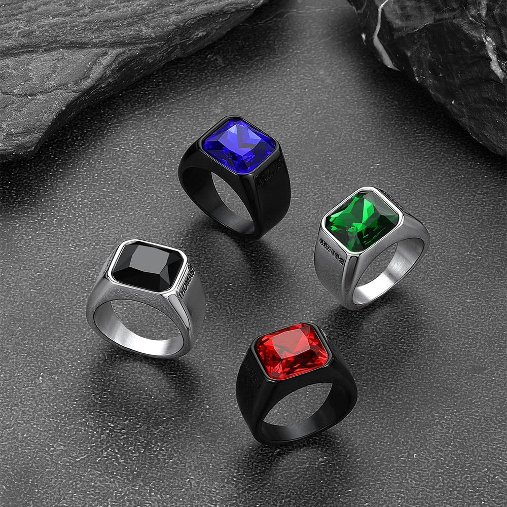 Modern Cz Gemstone Engraved Name Band Ring for Father